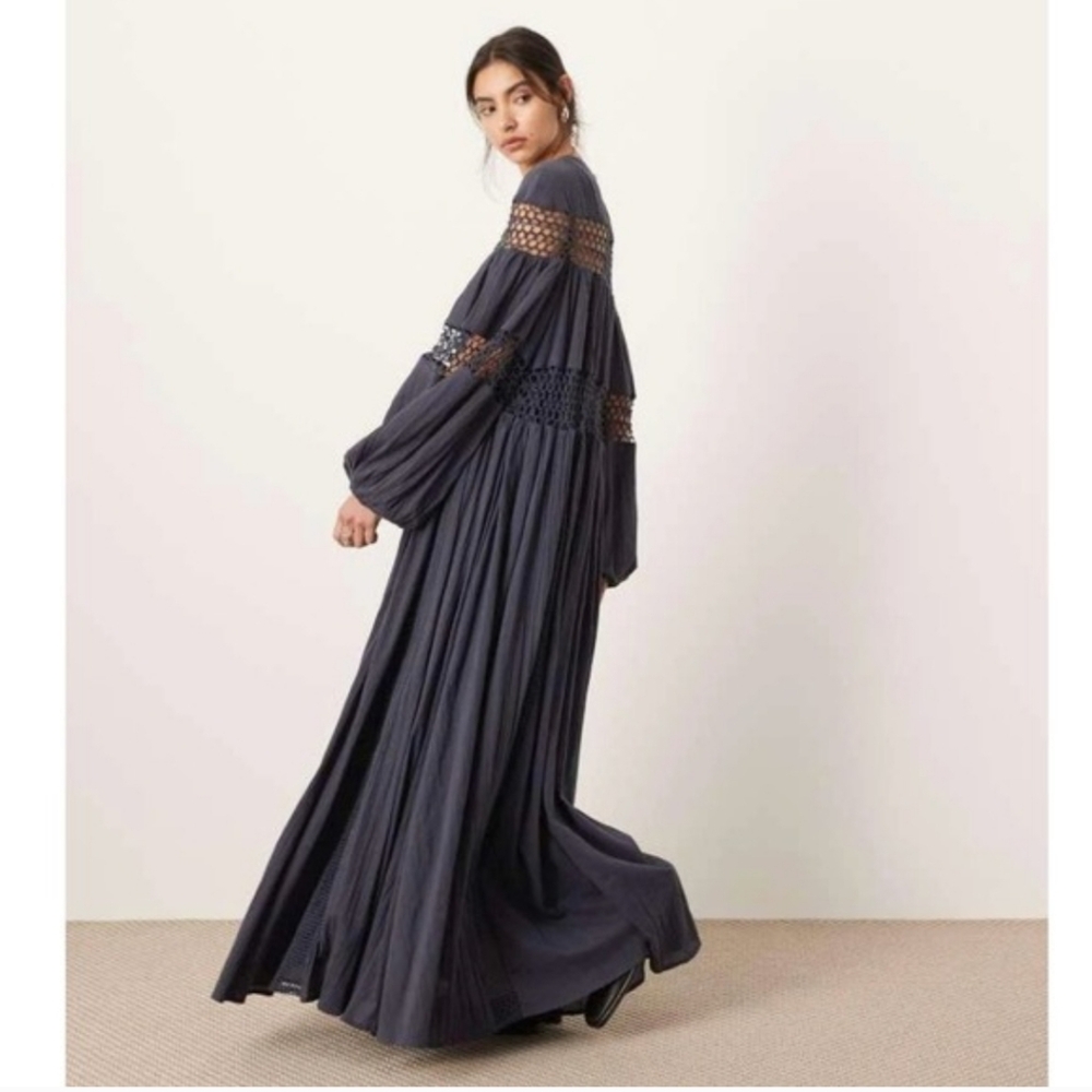 ASOS Edition Maxi Dress 2 S/M*Gray Puff Sleeve Crochet Boho Witchy Fairy Grunge - Picture 2 of 16